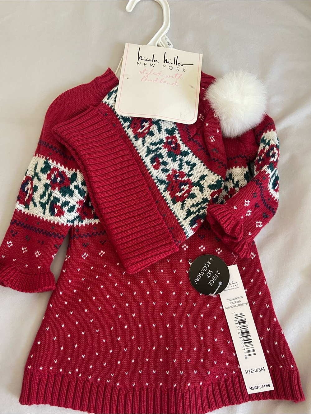 Nicole Miller red Fair Isle knit dress and pom hat set